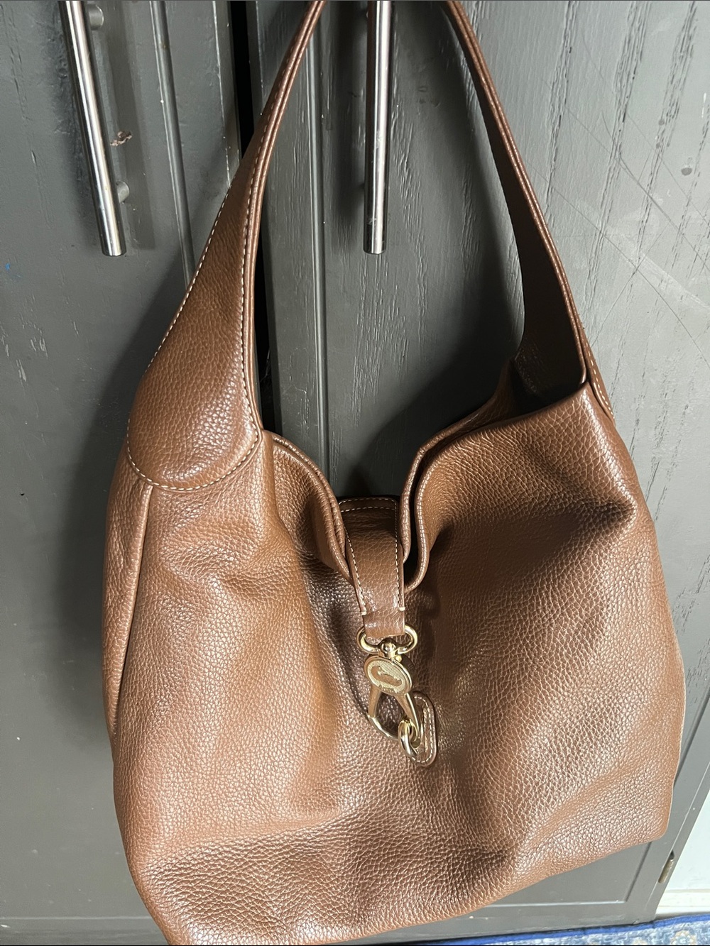 Dooney & Bourke Brown Pebbled Leather Shoulder Bag with Signature Clasp